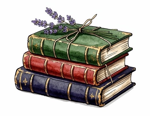 Watercolor of three clothbound books tied with twine and a sprig of lavender